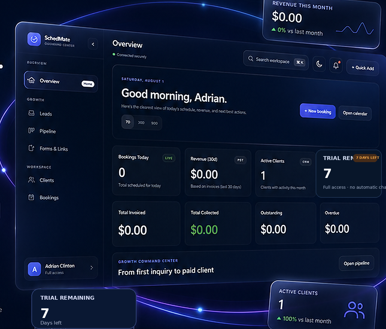 The updated SchedMate experience showing the dashboard with bookings, clients, and business performance